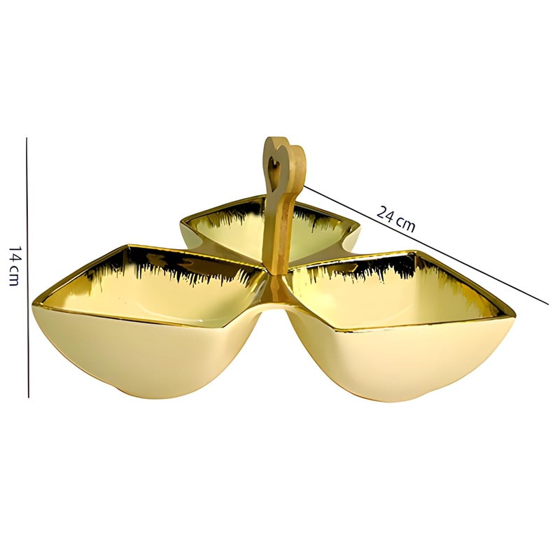 Lemon Tree Ceramic TriPart Platter with Bamboo Handle Golden Rim Design Serving Platter for Nuts Chips Snacks Desserts Fruits Dips Chutney Cream - Image 4