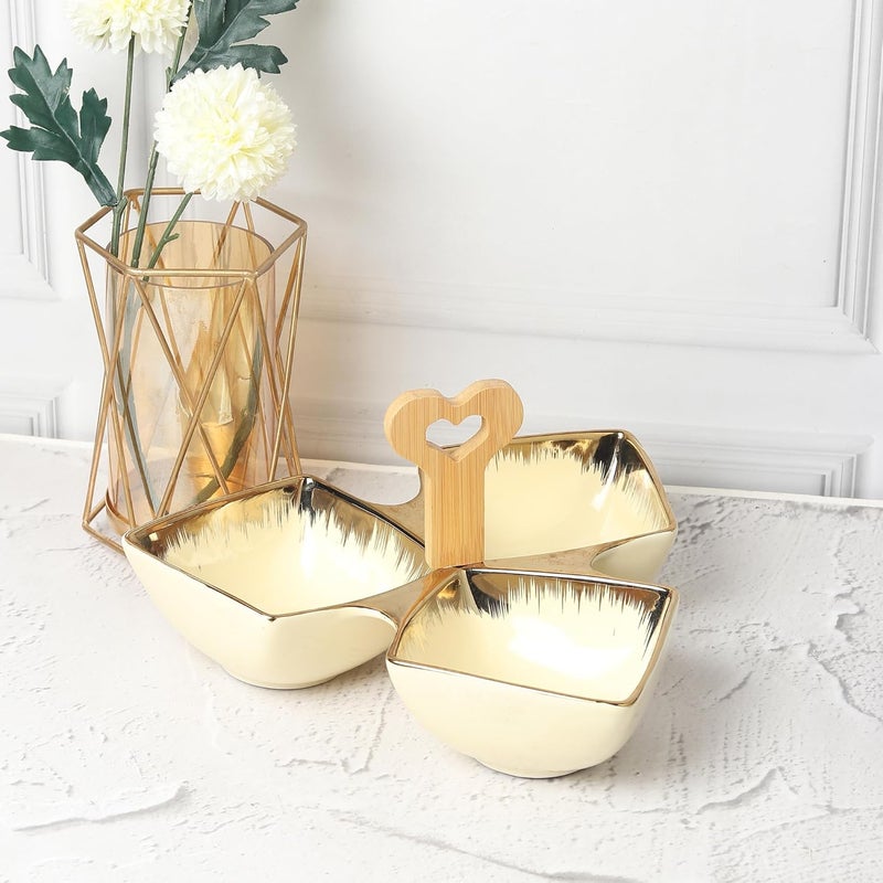 Lemon Tree Ceramic TriPart Platter with Bamboo Handle Golden Rim Design Serving Platter for Nuts Chips Snacks Desserts Fruits Dips Chutney Cream - Image 1