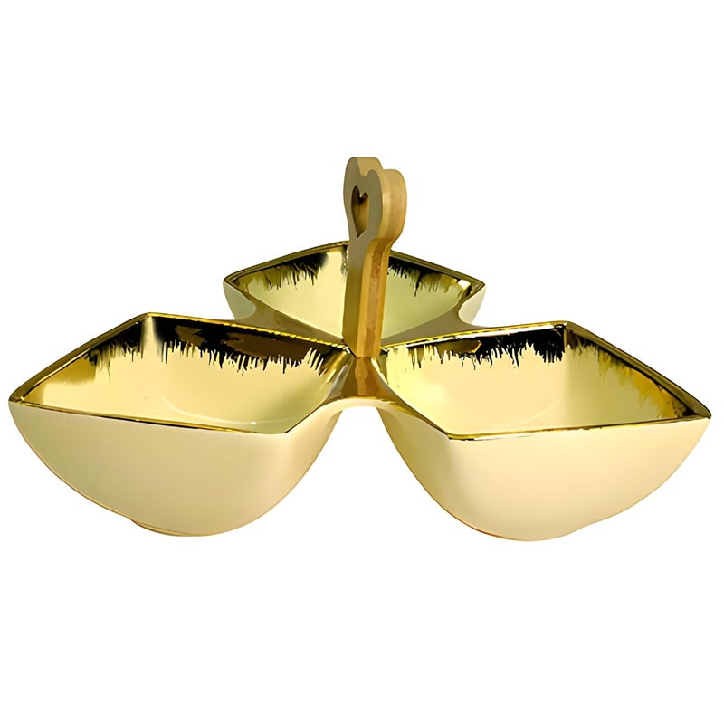 Lemon Tree Ceramic TriPart Platter with Bamboo Handle Golden Rim Design Serving Platter for Nuts Chips Snacks Desserts Fruits Dips Chutney Cream - Image 3