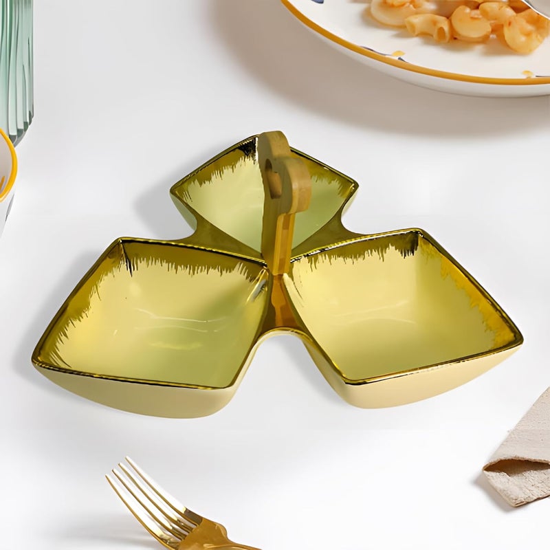 Lemon Tree Ceramic TriPart Platter with Bamboo Handle Golden Rim Design Serving Platter for Nuts Chips Snacks Desserts Fruits Dips Chutney Cream - Image 5