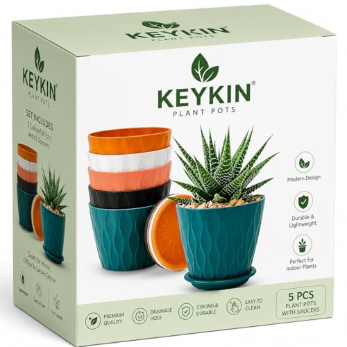 KEYKIN Plastic Round Flower Pots for Home Planters, Terrace, Garden Etc | Pack of 05 | Multicolor | Suitable for Home Indoor & Outdoor Gardening Plants (Perforated) - Image 1