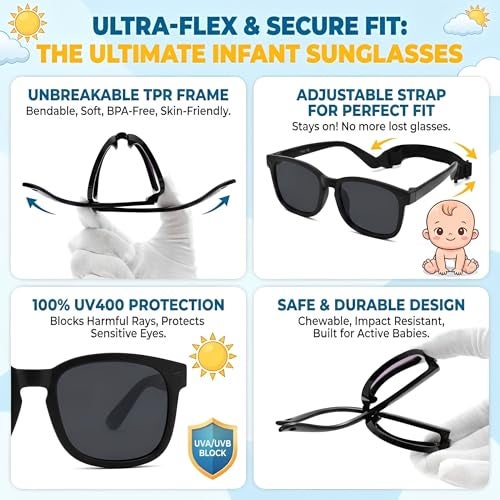 GLARDEFE Polarized Baby Sunglasses with Strap - Unbreakable Flexible Infant Sunglasses for Newborn Toddler Girls Boys Age 0-24 Months(Matte Black/Grey) - Image 3