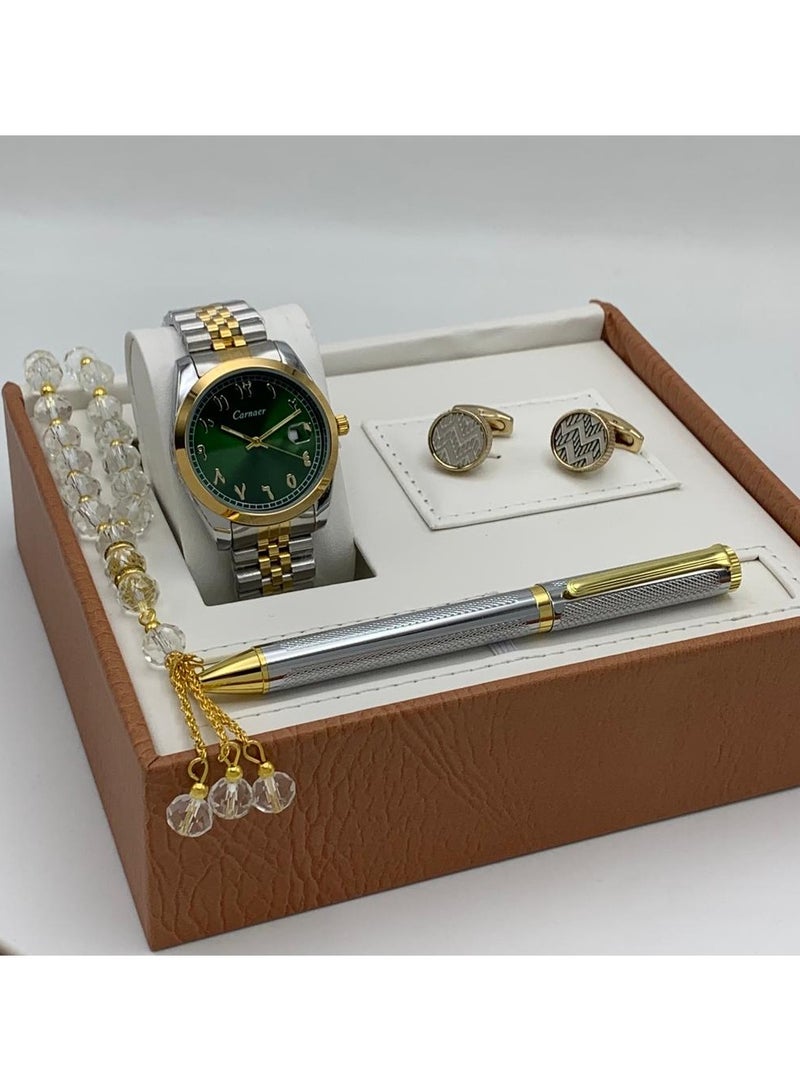 Men's set from Carnaer, consisting of fuor pieces: a watch, a pen, cufflinks, and a rosary.