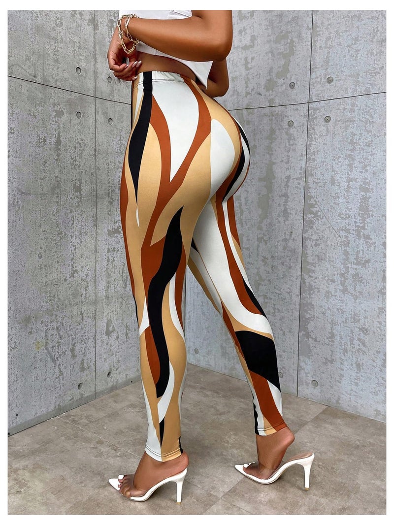 SweatyRocks Women's Casual Printed High Waisted Leggings Slim Fit Stretchy Skinny Pants Brown Medium - Image 2