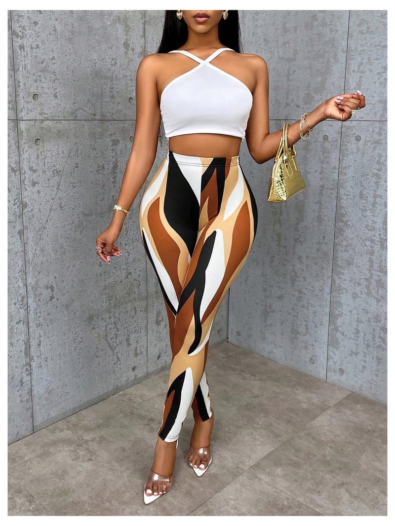 SweatyRocks Women's Casual Printed High Waisted Leggings Slim Fit Stretchy Skinny Pants Brown Medium - Image 3