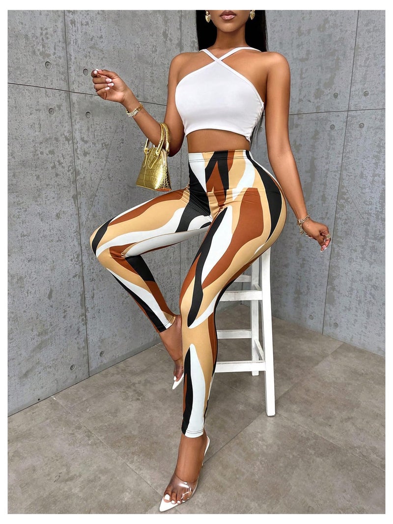 SweatyRocks Women's Casual Printed High Waisted Leggings Slim Fit Stretchy Skinny Pants Brown Medium - Image 5