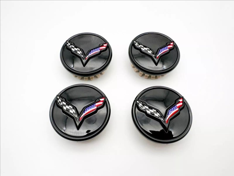 Set of 4Pcs Wheel Center Cap Replacement for 2014+ C7 Corvette Stingray Center Caps w/Crossed Flag Logo 68mm 2.7" 23217059 (Black Blue) - Image 1
