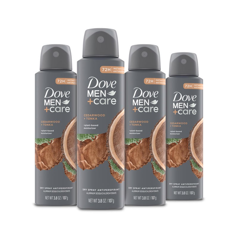 Dove Men+Care دوف للرجال + العناية رذاذ مضاد للتعرق خشب الأرز + تونكا 4 عد 72 ساعة حماية مع مرطب نباتي 3.8 أونصة - Image 1
