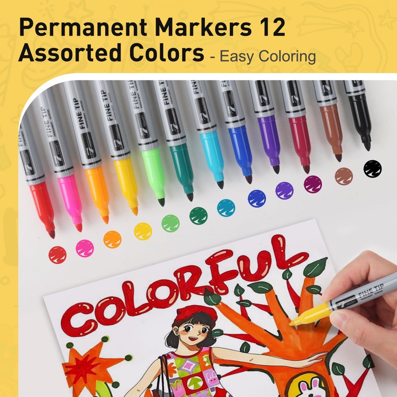 TOWON 12 Permanent Markers - Assorted Colors Drawing Marker Pens Set, Waterproof Quick Drying Fine Tip Colored Artists Markers for Adults Coloring - Image 3