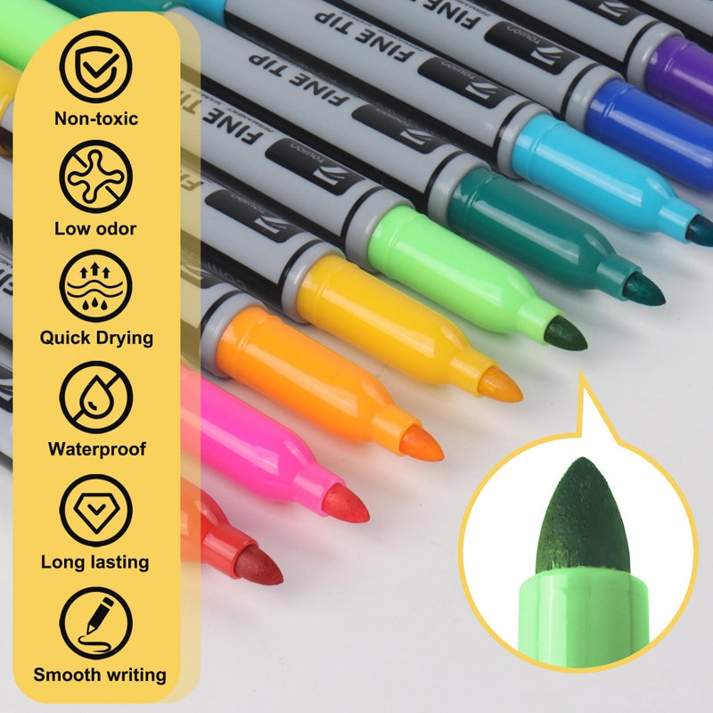 TOWON 12 Permanent Markers - Assorted Colors Drawing Marker Pens Set, Waterproof Quick Drying Fine Tip Colored Artists Markers for Adults Coloring - Image 2