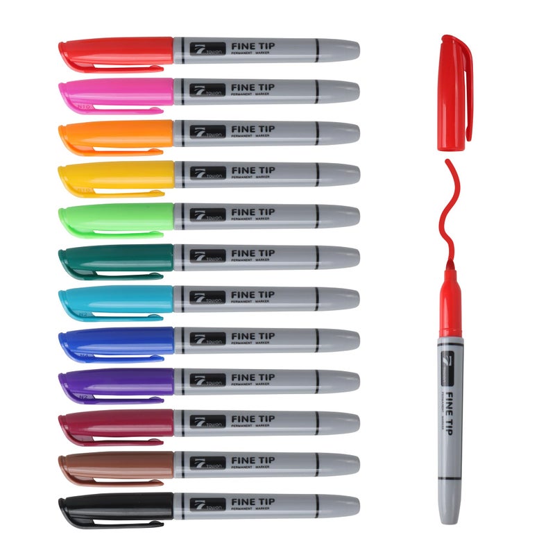 TOWON 12 Permanent Markers - Assorted Colors Drawing Marker Pens Set, Waterproof Quick Drying Fine Tip Colored Artists Markers for Adults Coloring - Image 1