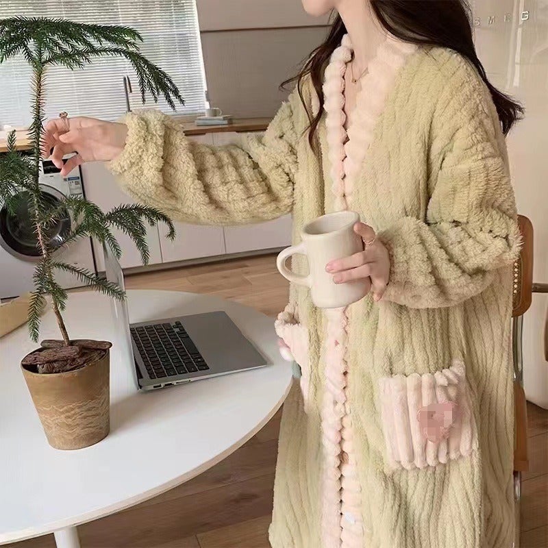 Rainbow Set Coral Fleece Pajamas for Women - Thick Flannel Winter Loungewear with V-Neck and Long Sleeves
