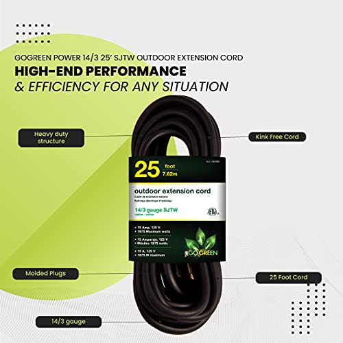 Power By GoGreen Go Green Power Inc. GG-13825BK - كابل تمديد خارجي 14/3 SJTW، أسود، 25 قدم - Image 5