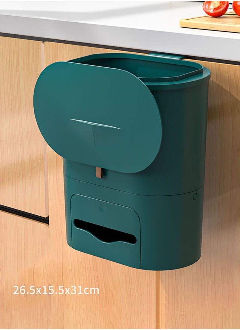 Merry Moments Modern Kitchen Hanging Trash Can with Lid Compost Bin with Inner Bucket for Countertop Under Sink Food Waste Bin Cupboard Bathroom Bedroom Office Camping 10 Litre Dark Green 26.5x15.5x31cm  - Image 1