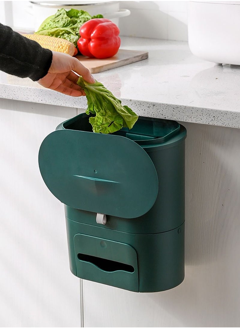 Merry Moments Modern Kitchen Hanging Trash Can with Lid Compost Bin with Inner Bucket for Countertop Under Sink Food Waste Bin Cupboard Bathroom Bedroom Office Camping 10 Litre Dark Green 26.5x15.5x31cm  - Image 2