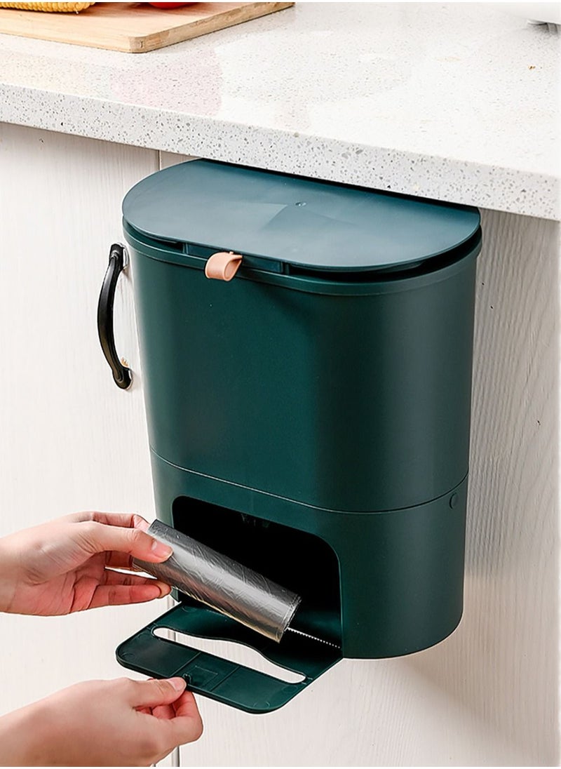 Merry Moments Modern Kitchen Hanging Trash Can with Lid Compost Bin with Inner Bucket for Countertop Under Sink Food Waste Bin Cupboard Bathroom Bedroom Office Camping 10 Litre Dark Green 26.5x15.5x31cm  - Image 3