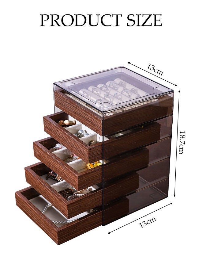 DUNISO Jewelry Organizer Box，Wooden Jewelry Box with 5 Drawers，Multi-functional Jewelry Storage Box，for Earring, Bangle, Bracelet, Necklace and Rings - Image 2