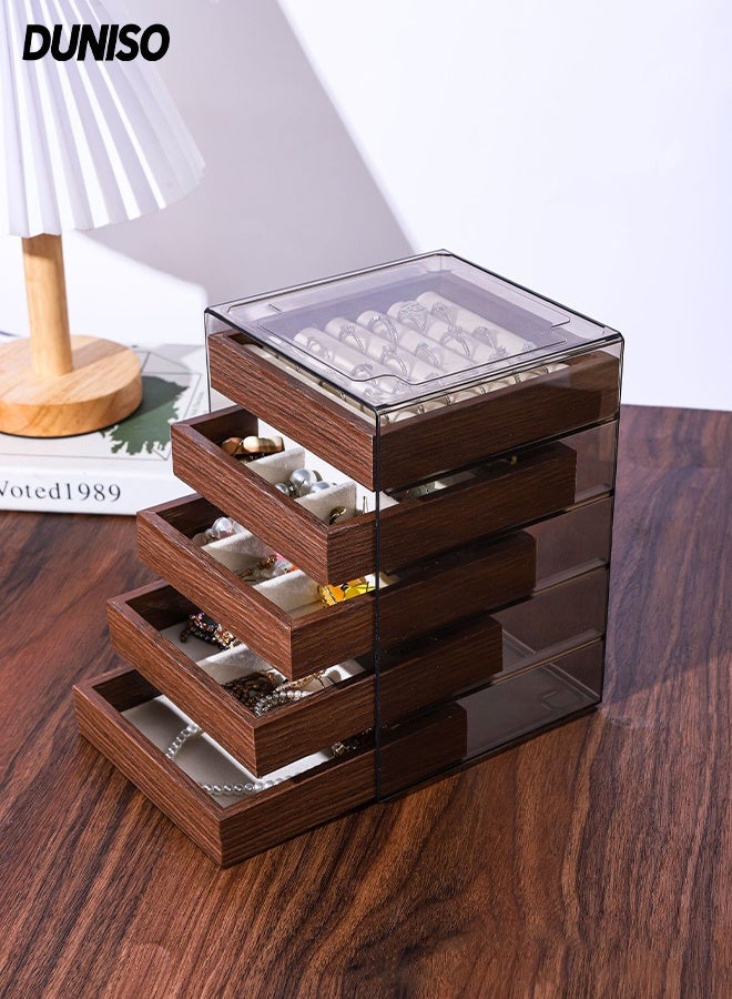 DUNISO Jewelry Organizer Box，Wooden Jewelry Box with 5 Drawers，Multi-functional Jewelry Storage Box，for Earring, Bangle, Bracelet, Necklace and Rings - Image 1