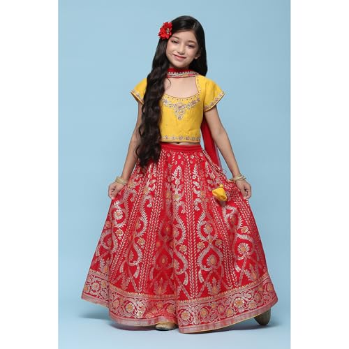 BIBA Girl Solid; Embroidred Polyester Readymade Lehenga Choli Set(Kw5411_Yellow-Pink_13) - Image 4