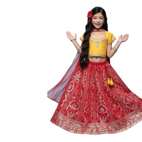 BIBA Girl Solid; Embroidred Polyester Readymade Lehenga Choli Set(Kw5411_Yellow-Pink_13) - Image 1