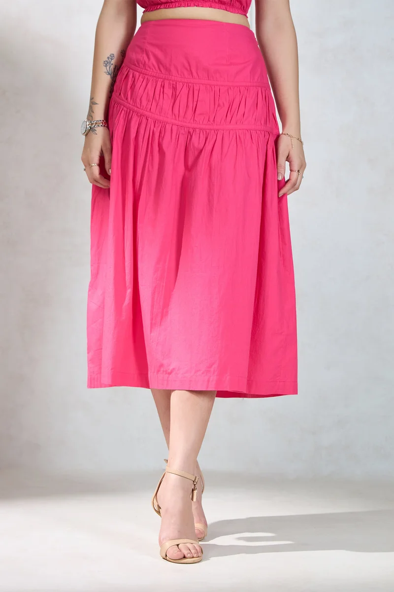 فيرجيو Solid Cotton Pink Midi Gathered Skirt for Women