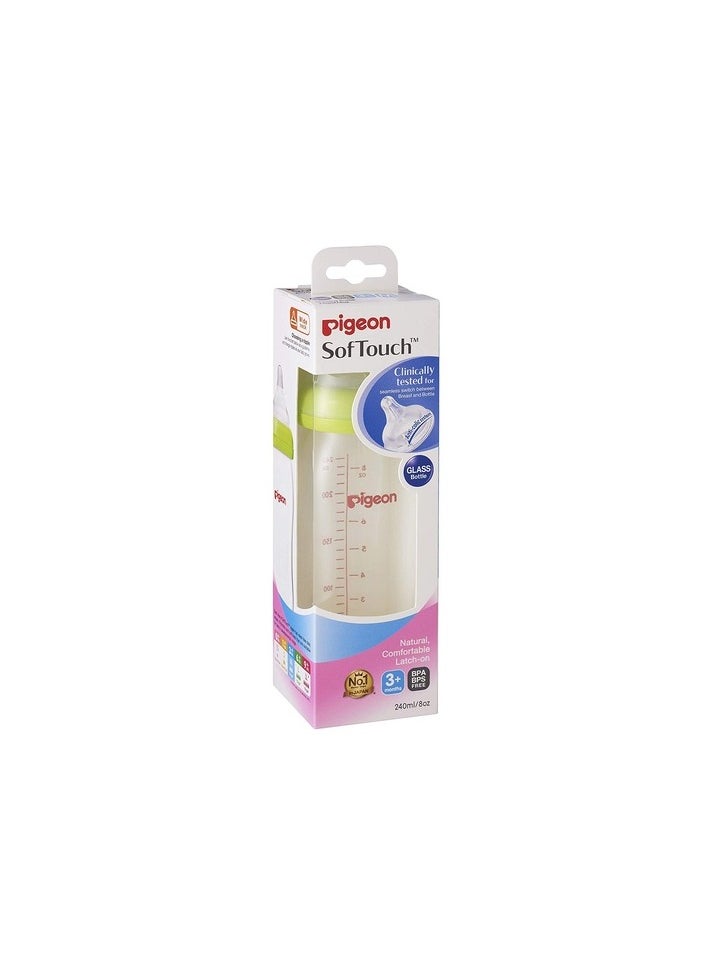 pigeon - Wide glass milk feeding bottle green, 240 ml, features a flexible Soft Touch nipple made of 100% silicone, which makes it extremely flexible to resemble the natural nipple. Tongue movement - Image 1