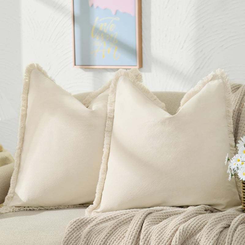 ZWJD Pillow Covers 22x22 Set of 2 Beige Throw Pillow Covers with Fringe Chic Cotton Decorative Pillows Square Cushion Covers for Sofa Couch Bed Living Room Farmhouse Boho Decor