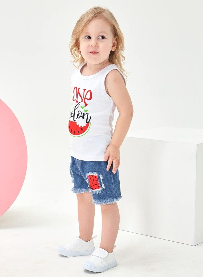 Mikrdoo Toddler Girl Summer Outfits Sleeveless Watermelon Tank Top + Denim Shorts Clothing Set (12-18 Months, White) - Image 3