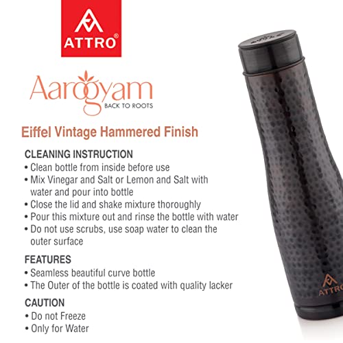 ATTRO Eiffel Vintage Hammered Finish Copper Water Bottle Leak Proof, Joint Less Ayurveda and Yoga Health Benefits - 1000 ml - Image 5