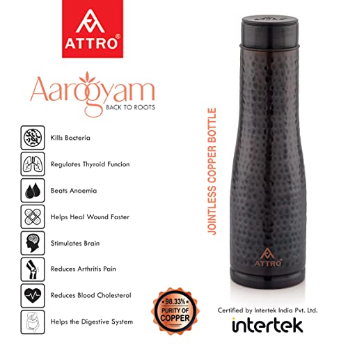 ATTRO Eiffel Vintage Hammered Finish Copper Water Bottle Leak Proof, Joint Less Ayurveda and Yoga Health Benefits - 1000 ml - Image 4
