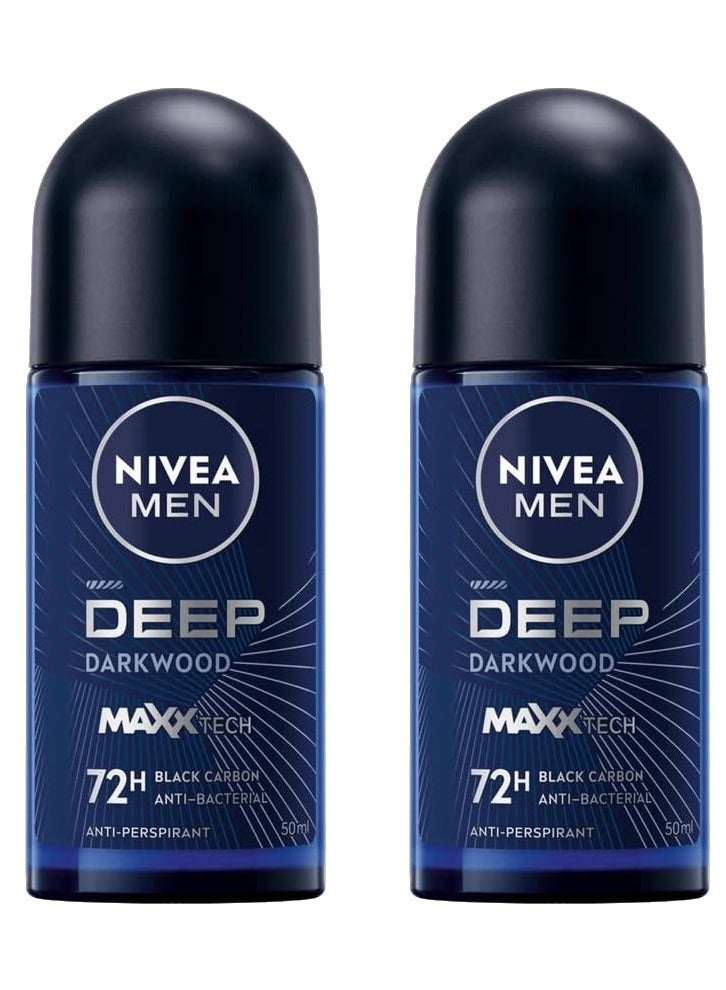نيفيا مزيل العرق ديب داركوود ماكس تيك رول أون للرجال، حماية تدوم 72 ساعة، 50 مل (عبوة من قطعتين) - Image 1
