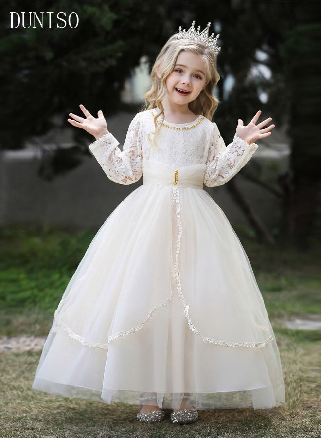 DUNISO Girls Dress Kids Evening Dress Long Sleeve Lace Party Dresses with Tutu Skirt Toddler Princess Birthday Party Wedding Dresses Flower Girls Dress - Image 1