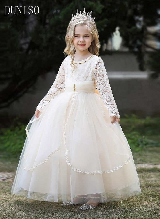 DUNISO Girls Dress Kids Evening Dress Long Sleeve Lace Party Dresses with Tutu Skirt Toddler Princess Birthday Party Wedding Dresses Flower Girls Dress - Image 3