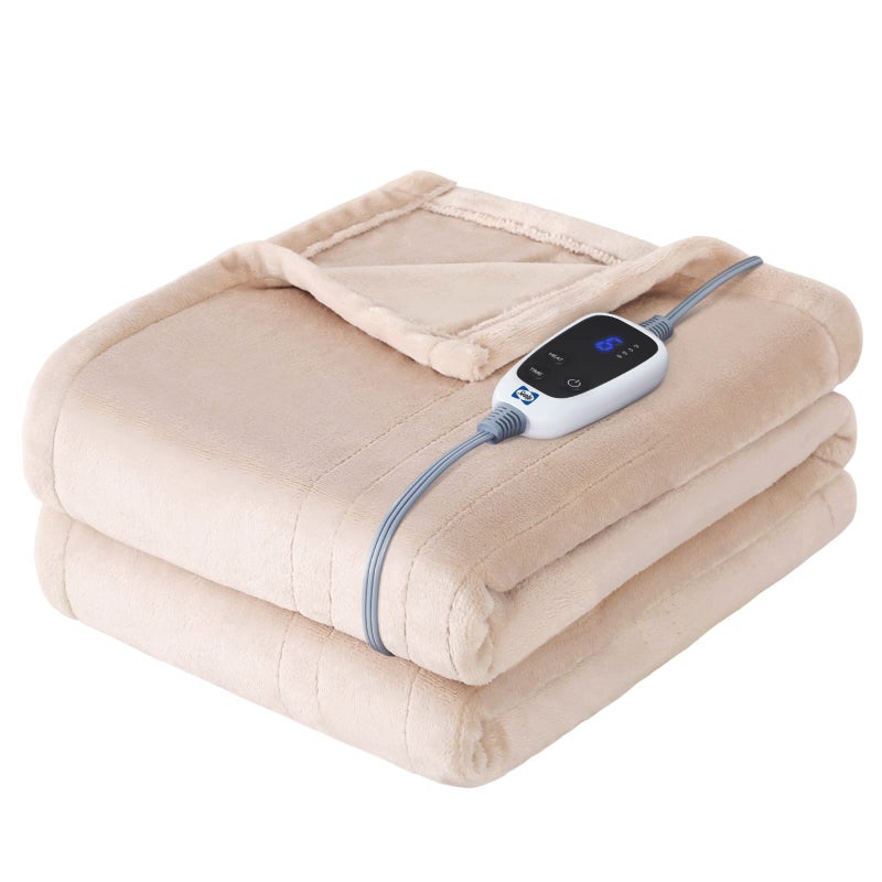 Sealy Electric Blanket Heated Throw Soft Flannel Heating Blanket with 6 Heat Settings  210 Hours Auto Shut Off Fast Heating  Machine Washable 50x60 Inch Beige