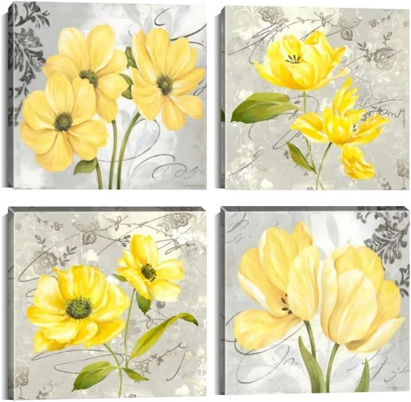 Wall HDQ Yellow and Gray Wall Decor Flowers Wall Art Light Yellow Tulip Canvas Painting for Bathroom Living Room Bedroom Abstract Framed Print Pictures Home Decor Ready to Hang(12x12inchx4) - Image 1