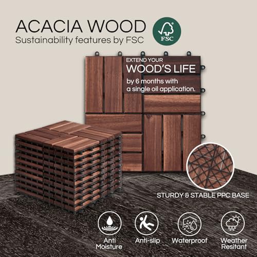 THYOI Set 10 Premium Deck Tiles, Interlocking Deck Tile, Wooden Patio Flooring Outdoor Waterproof, Acacia Wood Decking All Weather for Balcony Indoor and Outdoor Use (Dark Brown, Round Joints) - Image 3