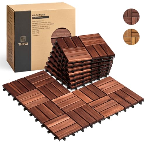 THYOI Set 10 Premium Deck Tiles, Interlocking Deck Tile, Wooden Patio Flooring Outdoor Waterproof, Acacia Wood Decking All Weather for Balcony Indoor and Outdoor Use (Dark Brown, Round Joints) - Image 1