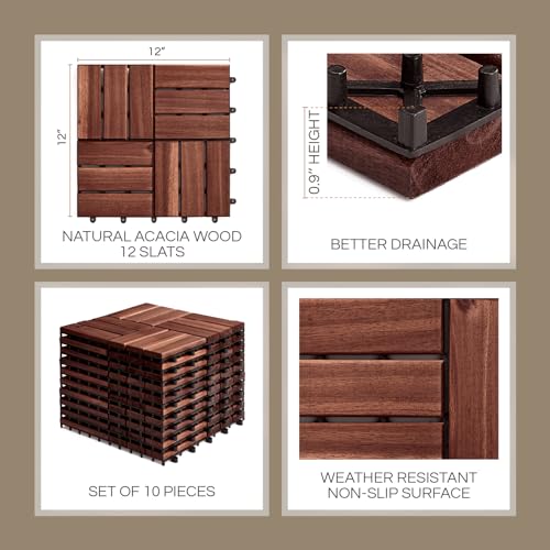 THYOI Set 10 Premium Deck Tiles, Interlocking Deck Tile, Wooden Patio Flooring Outdoor Waterproof, Acacia Wood Decking All Weather for Balcony Indoor and Outdoor Use (Dark Brown, Round Joints) - Image 2