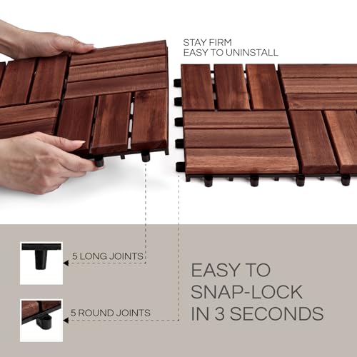 THYOI Set 10 Premium Deck Tiles, Interlocking Deck Tile, Wooden Patio Flooring Outdoor Waterproof, Acacia Wood Decking All Weather for Balcony Indoor and Outdoor Use (Dark Brown, Round Joints) - Image 5
