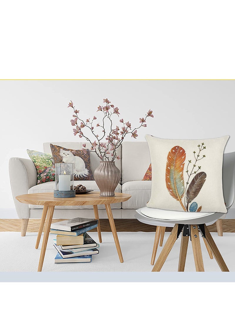 أغطية وسائد من الكتان الناعم بنمط الريشة، 18x18 بوصة (45 سم x 45 سم) بسحاب غير مرئي لتزيين غرفة المعيشة وغرفة النوم. - Image 5