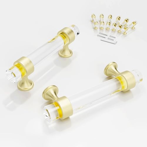 CEYMIO Cabinets Handles Crystal Kitchen 3 Inch Cabinet Knobs 6Pack Dresser Double Hole 76mm 3 Brushed Gold Brass Pulls Glass Closet Drawer Drawers Cupboard Hardware Satin Copper Bathroom Bedroom Pull - Image 1