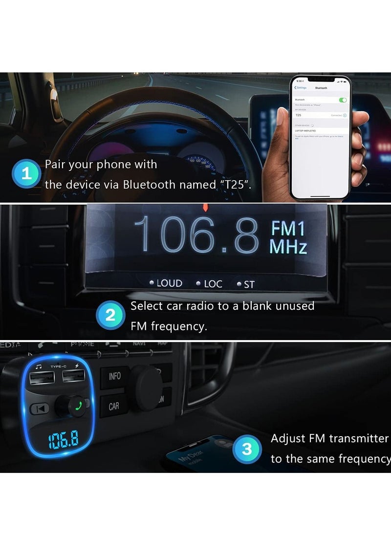 FM Transmitter, Bluetooth FM Transmitter Wireless Radio Adapter Car Kit with Dual USB Charging Car Charger MP3 Player Support TF Card & USB Disk - Image 5