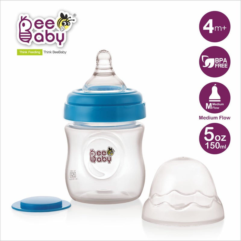 BeeBaby Ease Wide Neck Baby Feeding Bottle with Anti-Colic Soft Silicone Nipple. 100% BPA Free (Blue, 150 ml) - Image 2