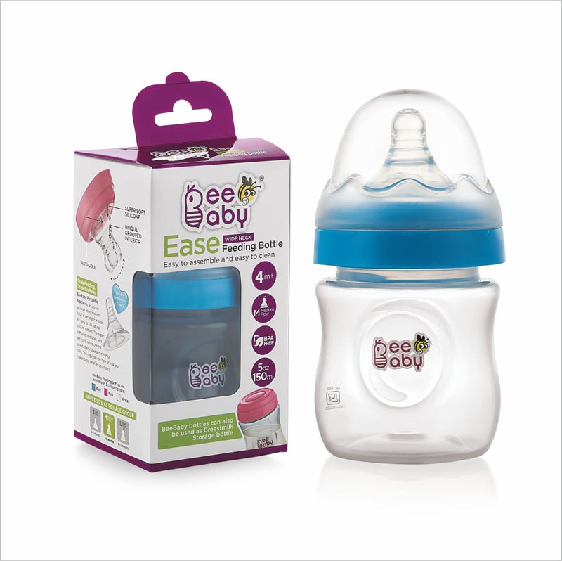 BeeBaby Ease Wide Neck Baby Feeding Bottle with Anti-Colic Soft Silicone Nipple. 100% BPA Free (Blue, 150 ml) - Image 1