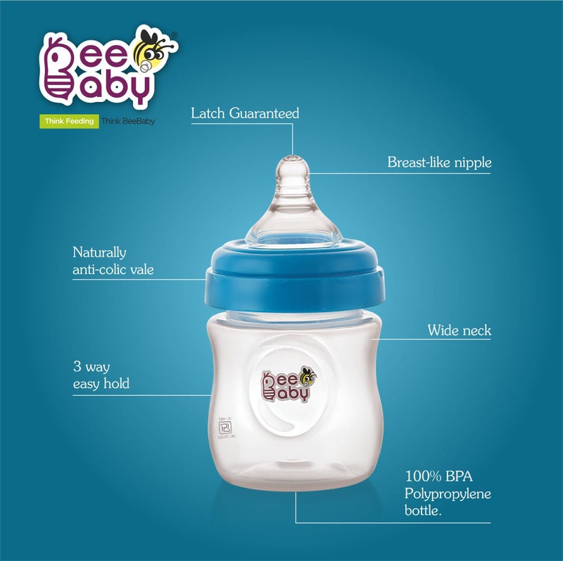 BeeBaby Ease Wide Neck Baby Feeding Bottle with Anti-Colic Soft Silicone Nipple. 100% BPA Free (Blue, 150 ml) - Image 5