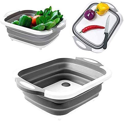 Harman Enterprises presents 4 in 1 Multi functional Silicon Based Kitchen Foldable Cutting Chopping Board Collapsible Dish Tub Vegetable Fruit Washing Draining Basket with Plug Folding Washbasin Tray to Serve  - Image 2