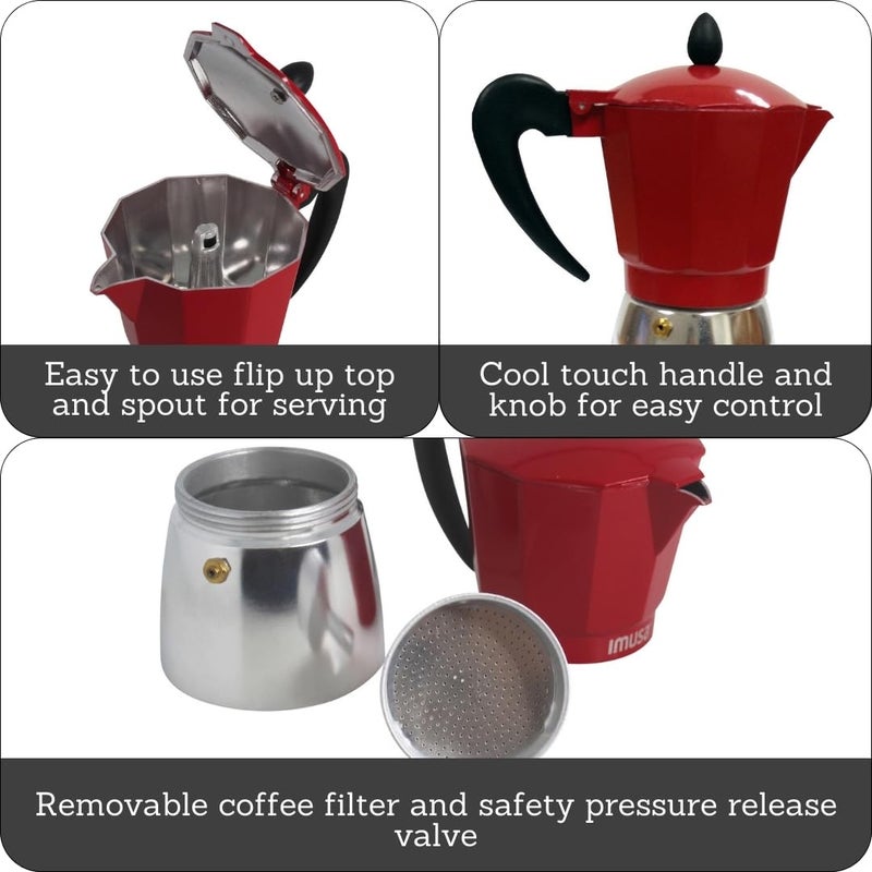 IMUSA USA B120-42T Aluminum Stovetop Coffeemaker, Espresso Machine, 3-Cup, Red - Image 2