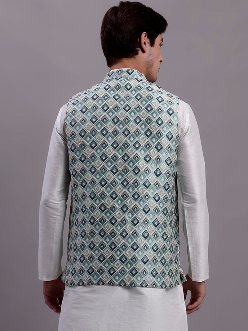 Jompers Men's Silk Blend Woven Design Waistcoat with Mandarin Neck - Image 2