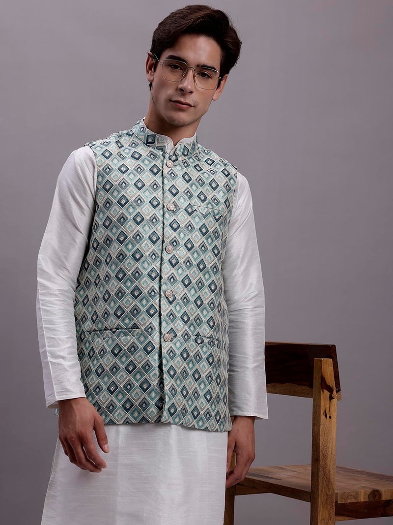 Jompers Men's Silk Blend Woven Design Waistcoat with Mandarin Neck - Image 3