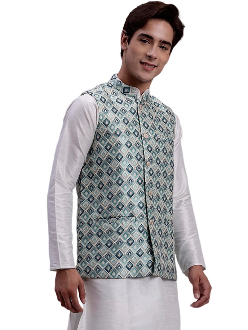 Jompers Men's Silk Blend Woven Design Waistcoat with Mandarin Neck - Image 1